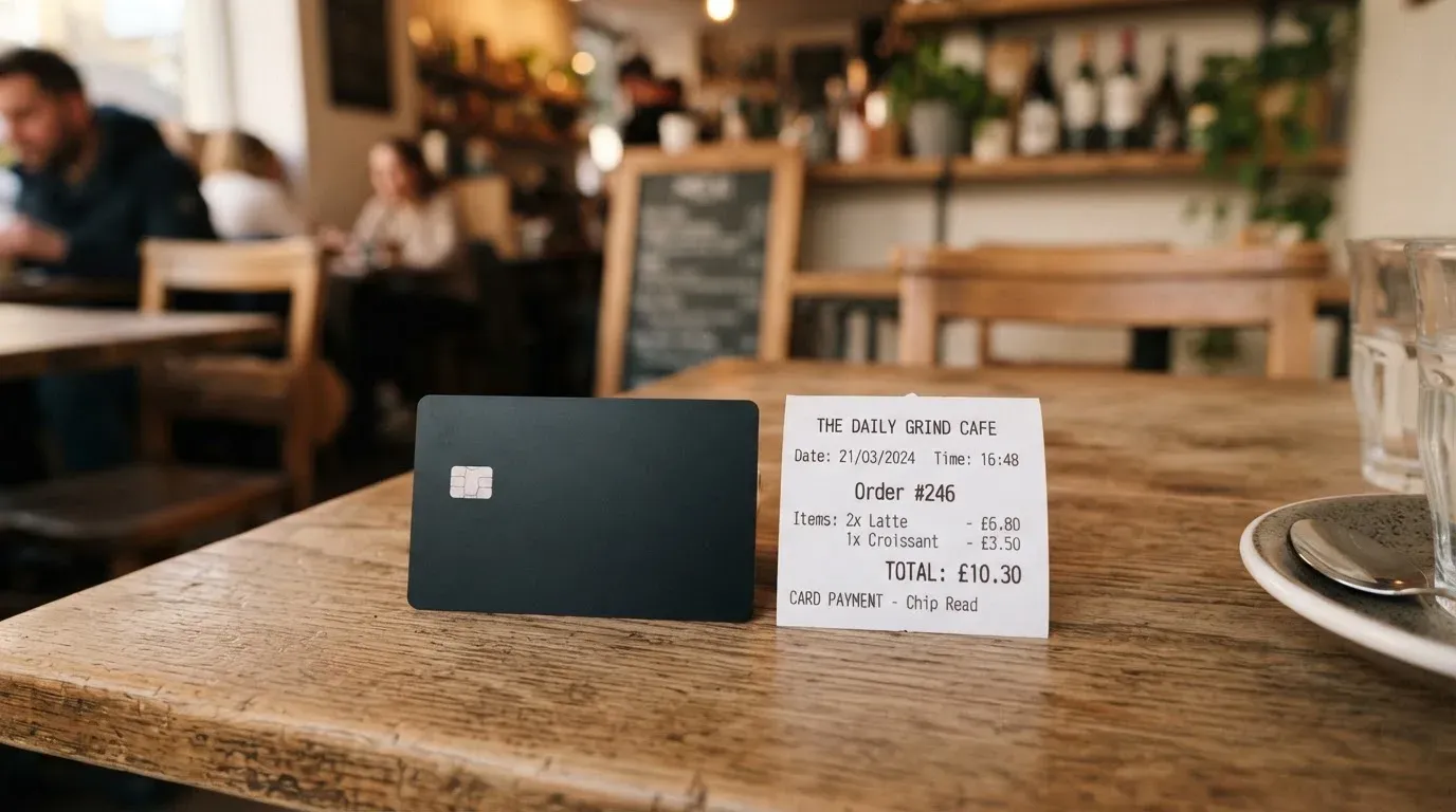 A receipt and a card on a café table