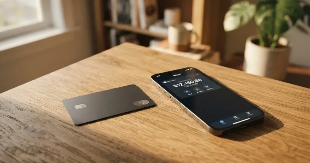 A payment card next to a phone with a crypto wallet app open