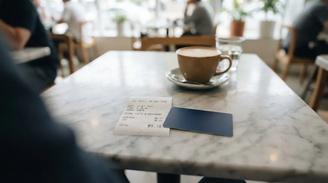 A receipt and a card on a café table