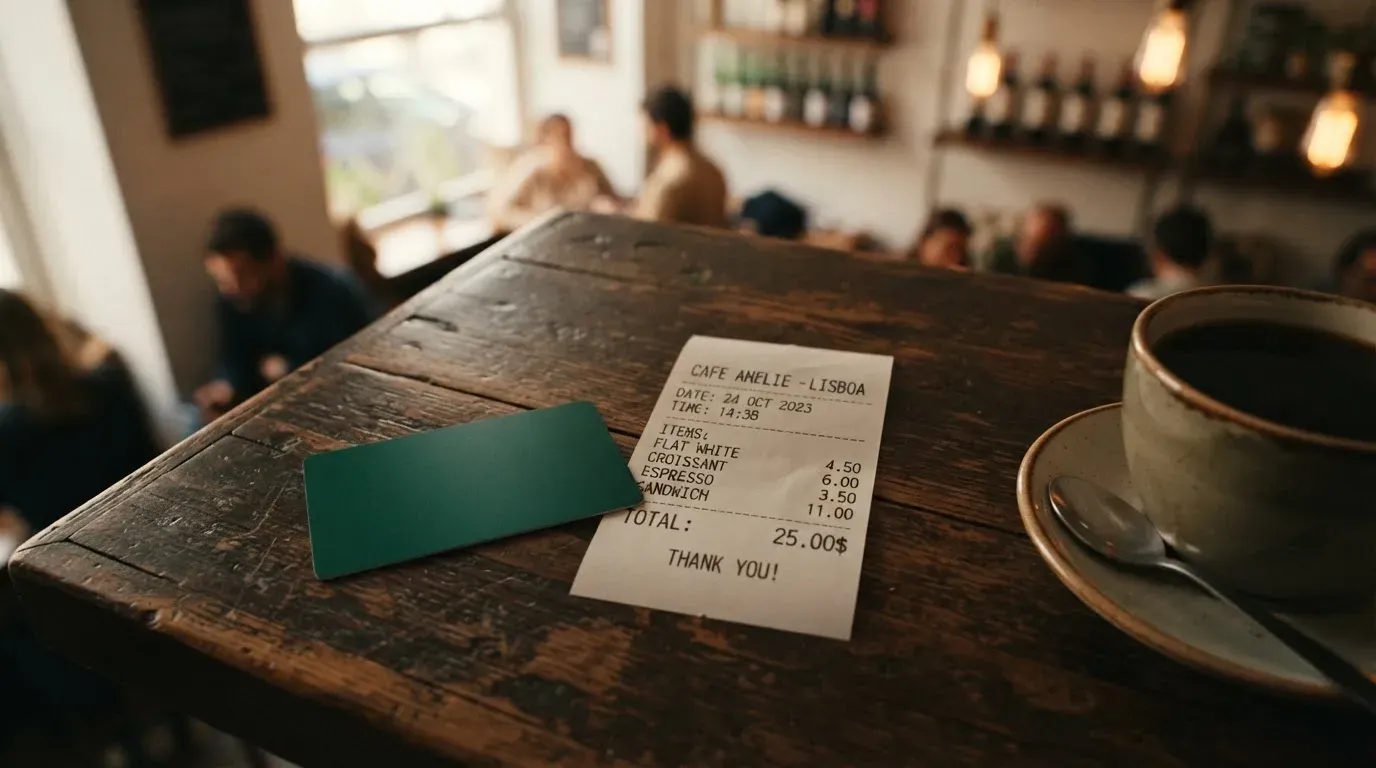 A receipt and a card on a café table