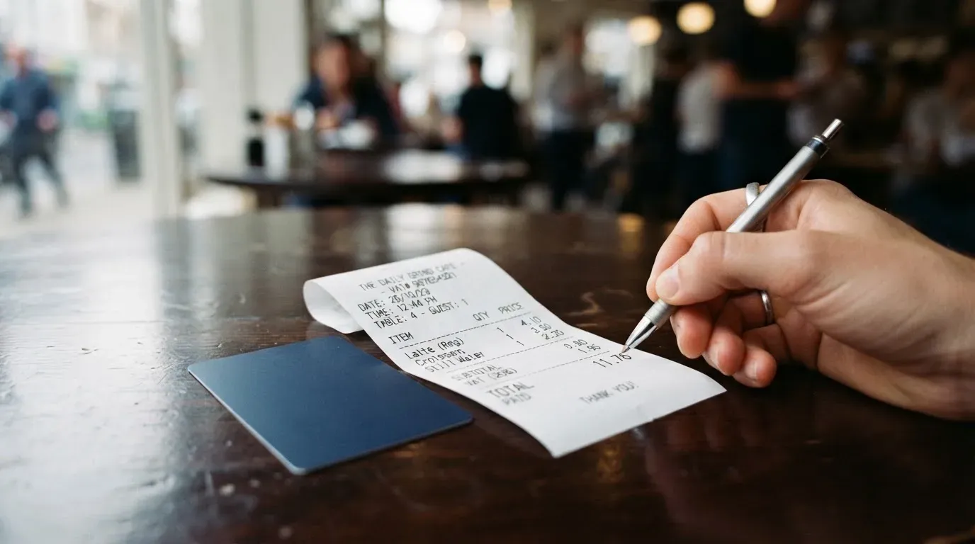 A receipt and a card on a café table