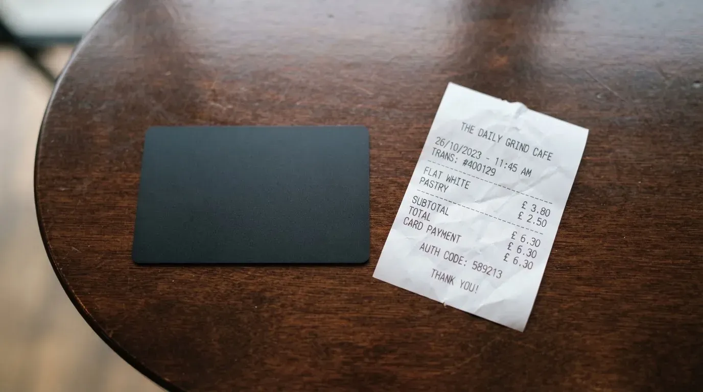 A receipt and a card on a café table