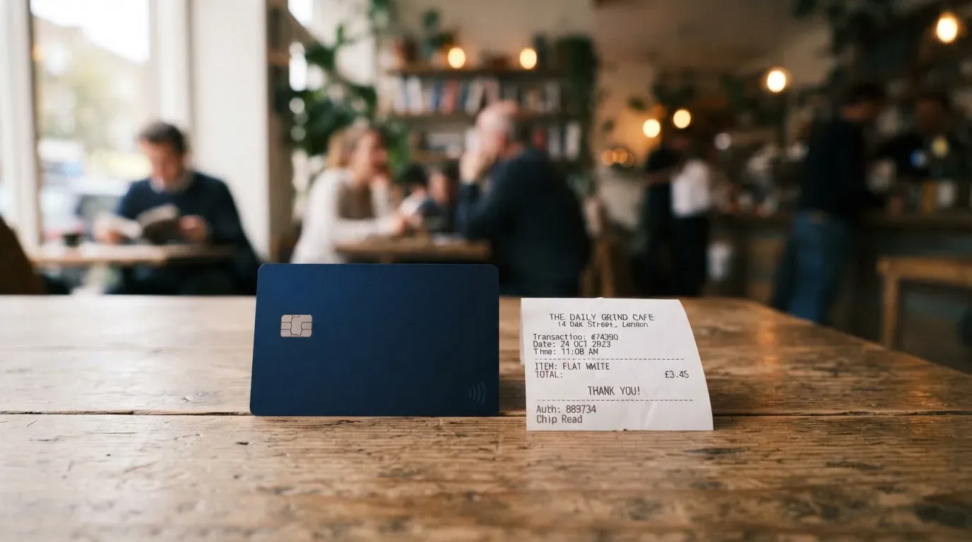 A receipt and a card on a café table