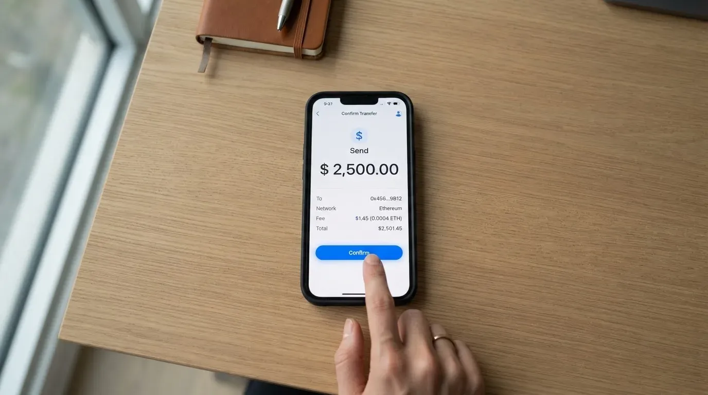 A phone showing a stablecoin transfer screen