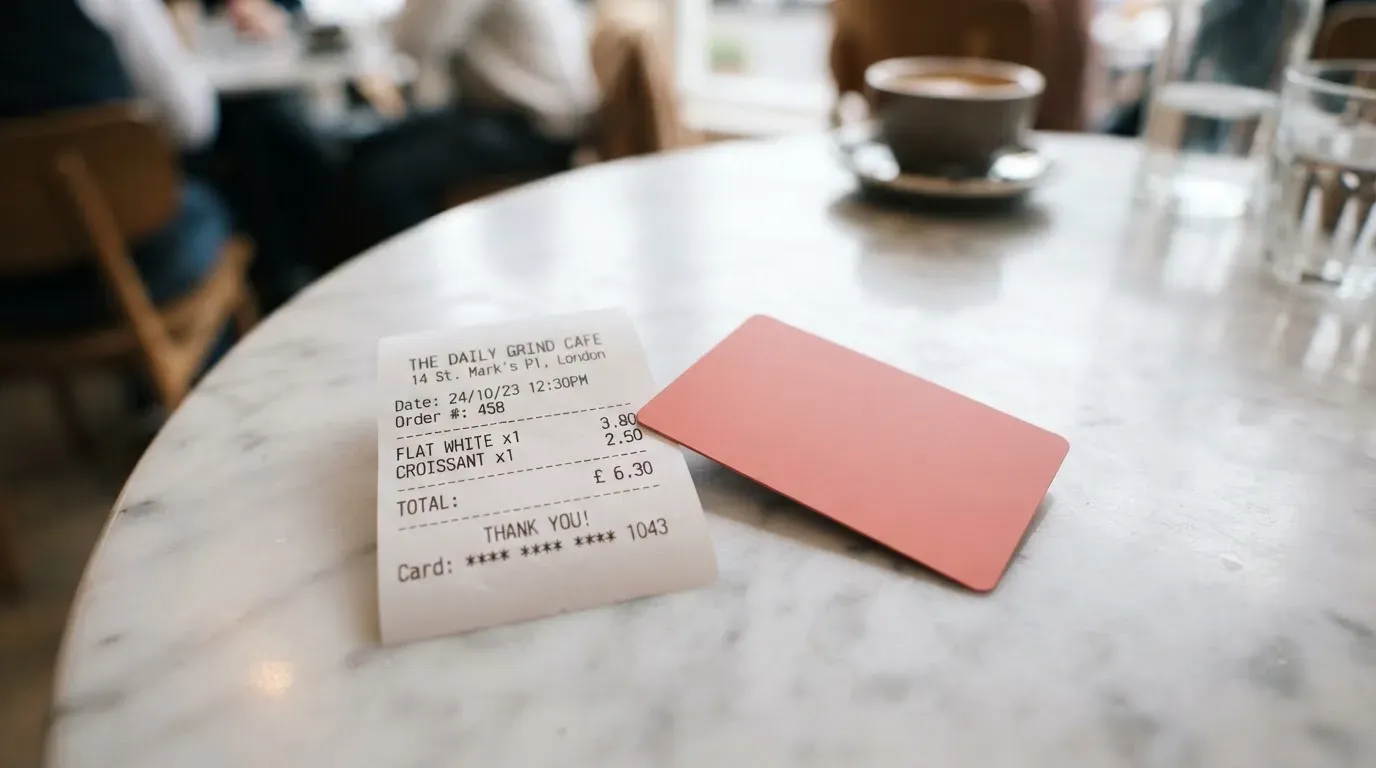 A receipt and a card on a café table