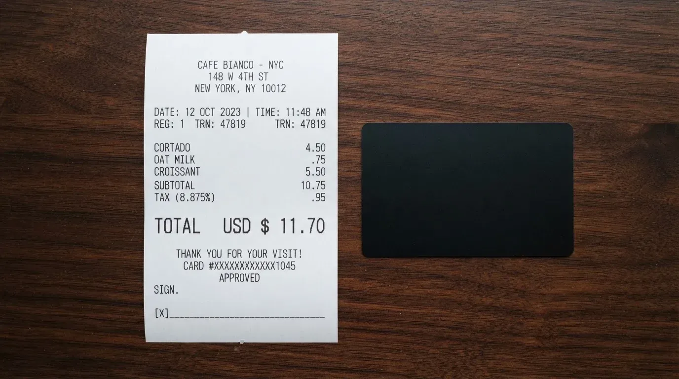 A receipt and a card on a café table