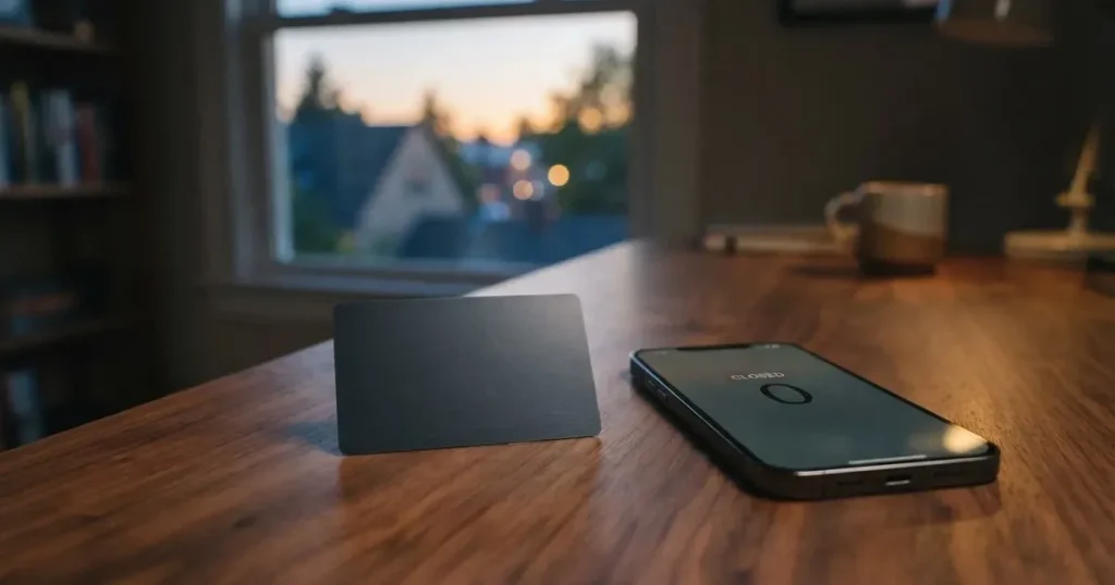 A payment card next to a phone with a crypto wallet app open