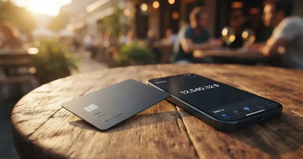 A payment card next to a phone with a crypto wallet app open