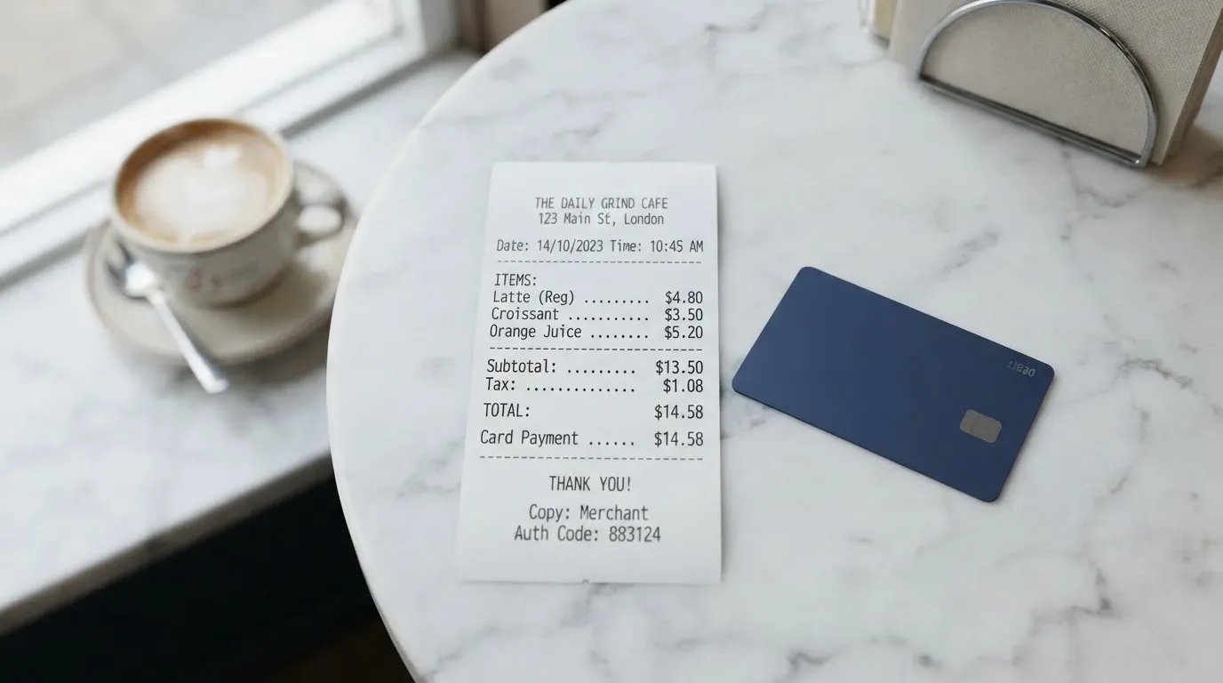 A receipt and a card on a café table
