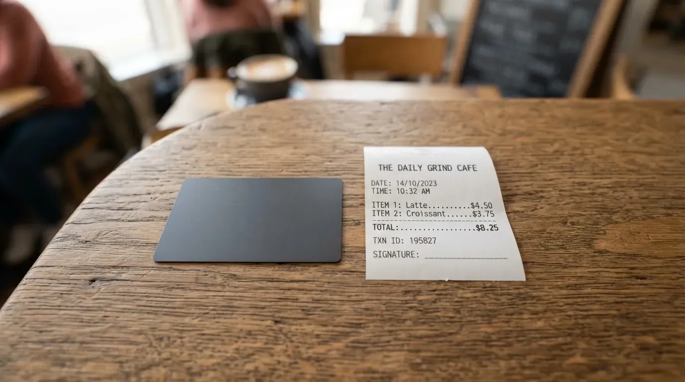 A receipt and a card on a café table