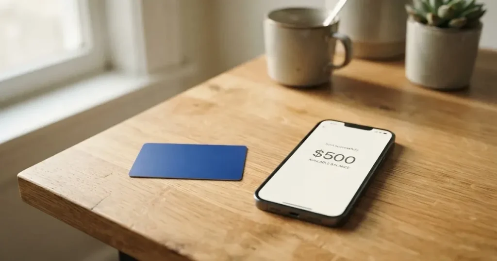 A payment card next to a phone with a crypto wallet app open