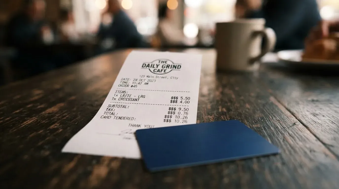 A receipt and a card on a café table