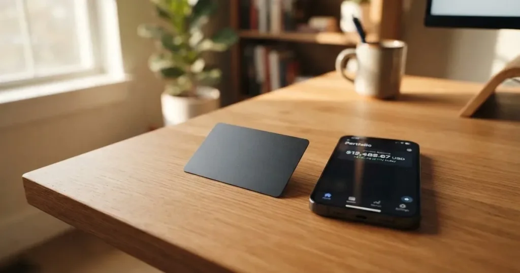 A payment card next to a phone with a crypto wallet app open