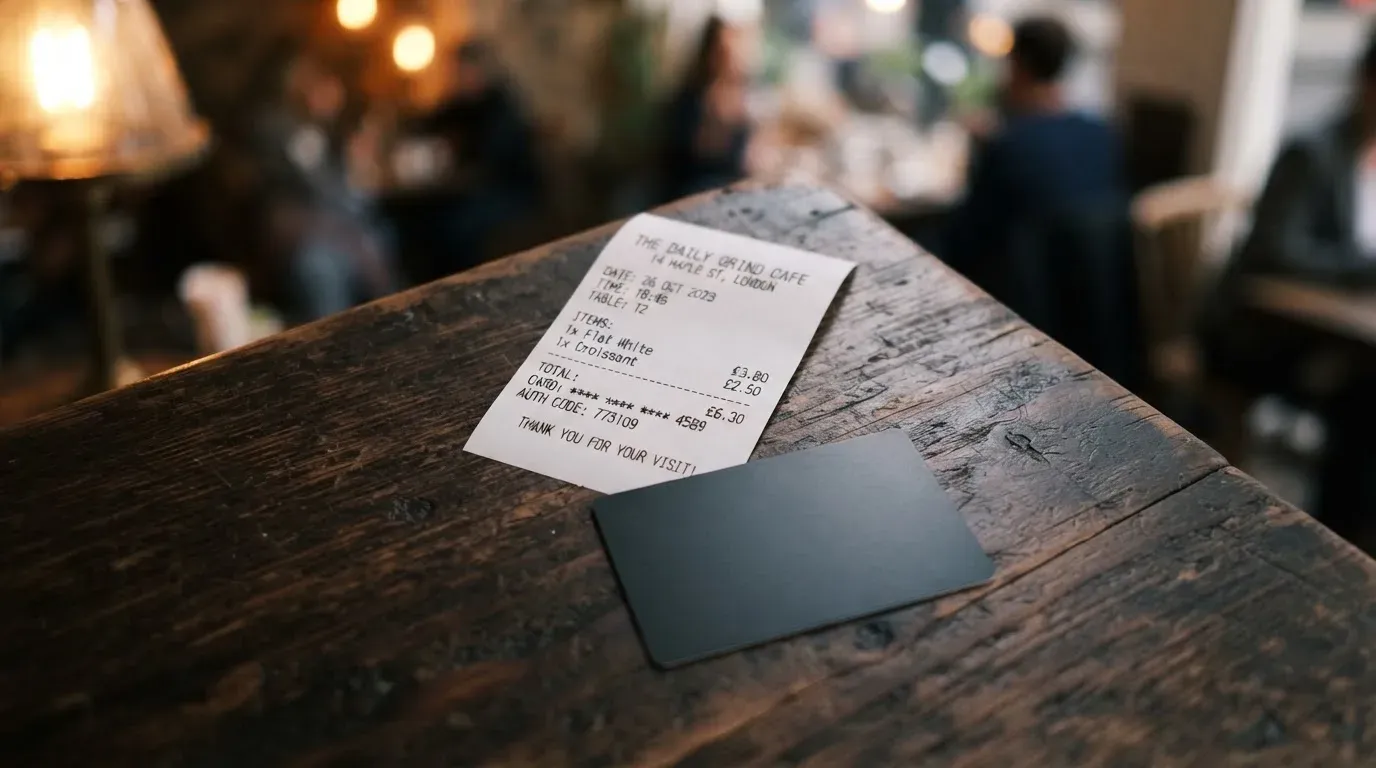 A receipt and a card on a café table