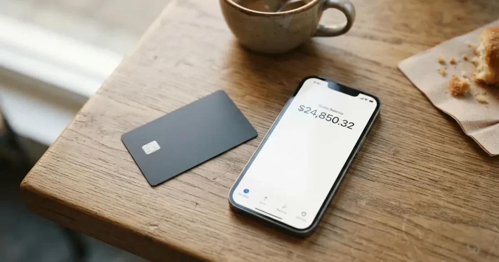 A payment card next to a phone with a crypto wallet app open