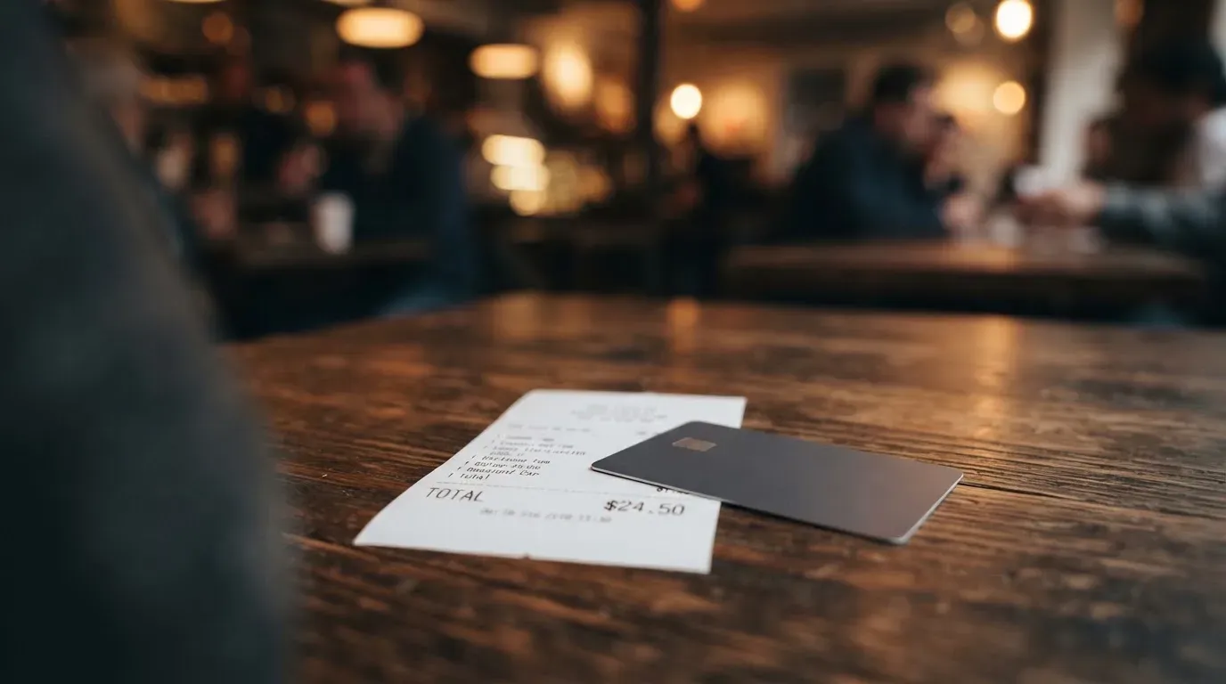 A receipt and a card on a café table