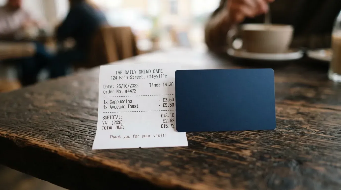 A receipt and a card on a café table