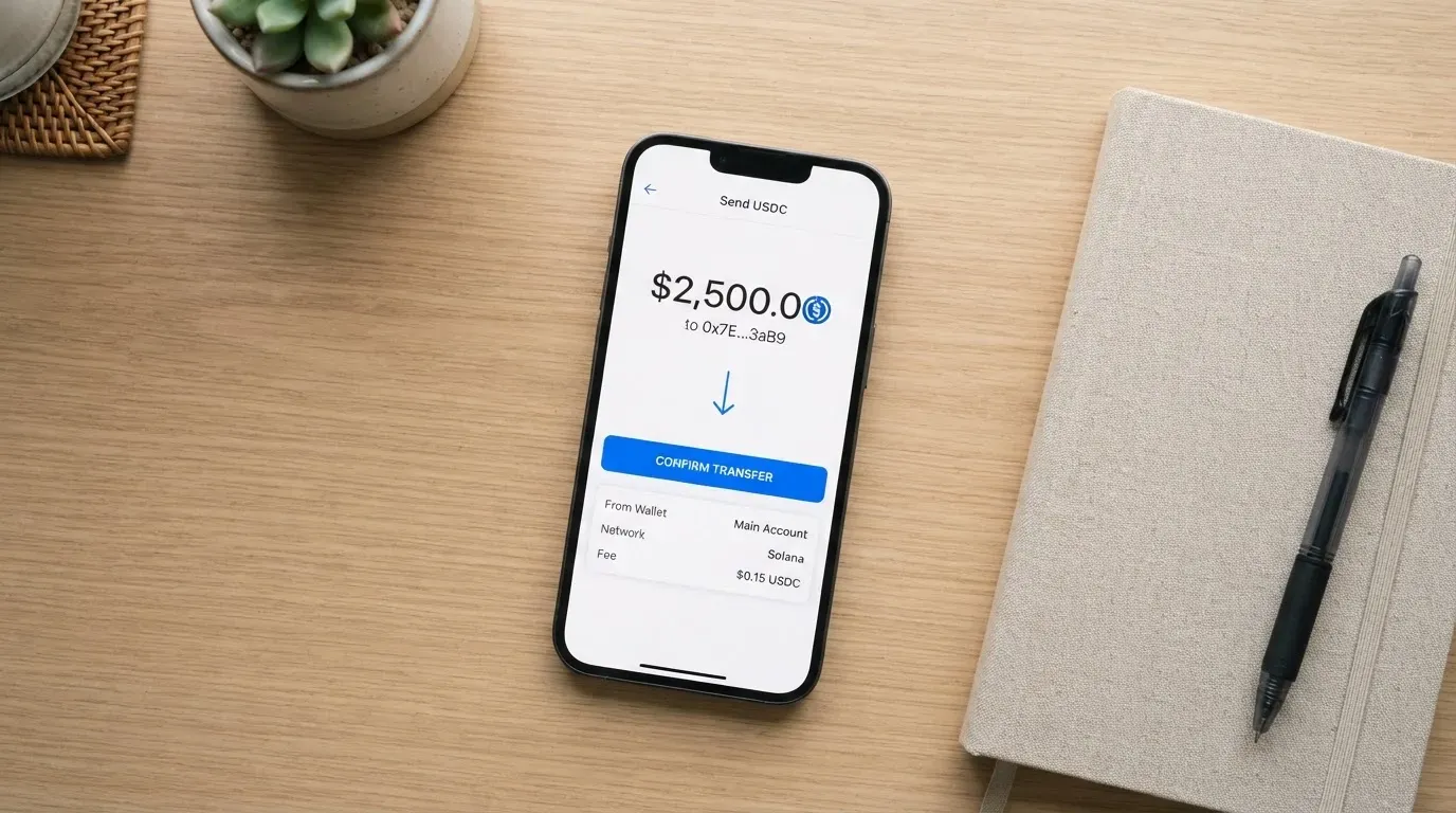 A phone showing a stablecoin transfer screen