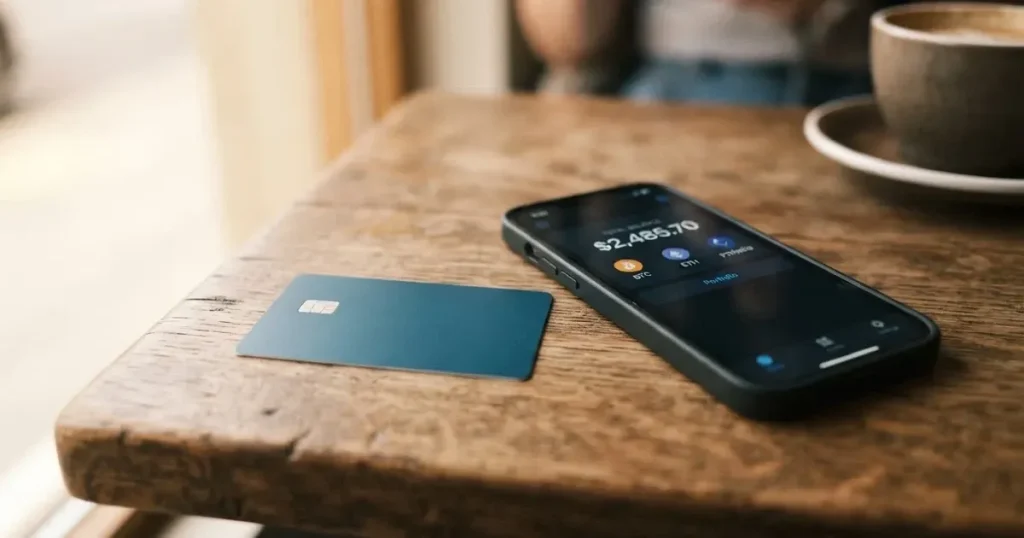 A payment card next to a phone with a crypto wallet app open