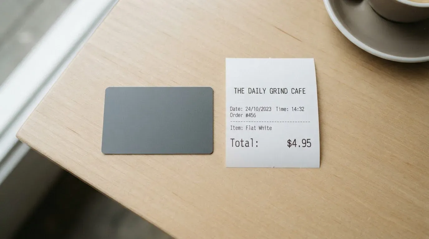 A receipt and a card on a café table