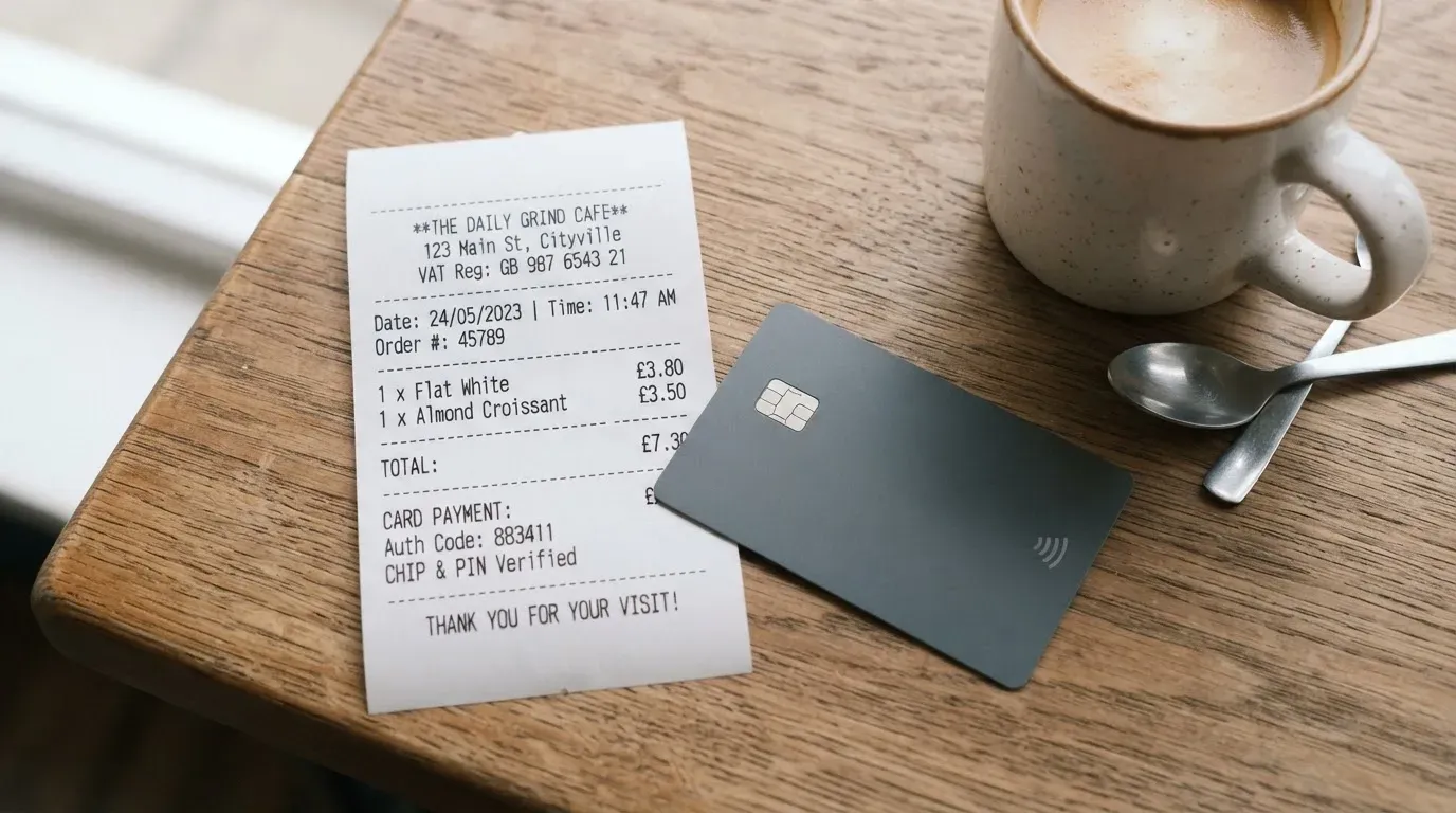 A receipt and a card on a café table