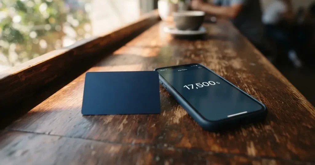 A payment card next to a phone with a crypto wallet app open