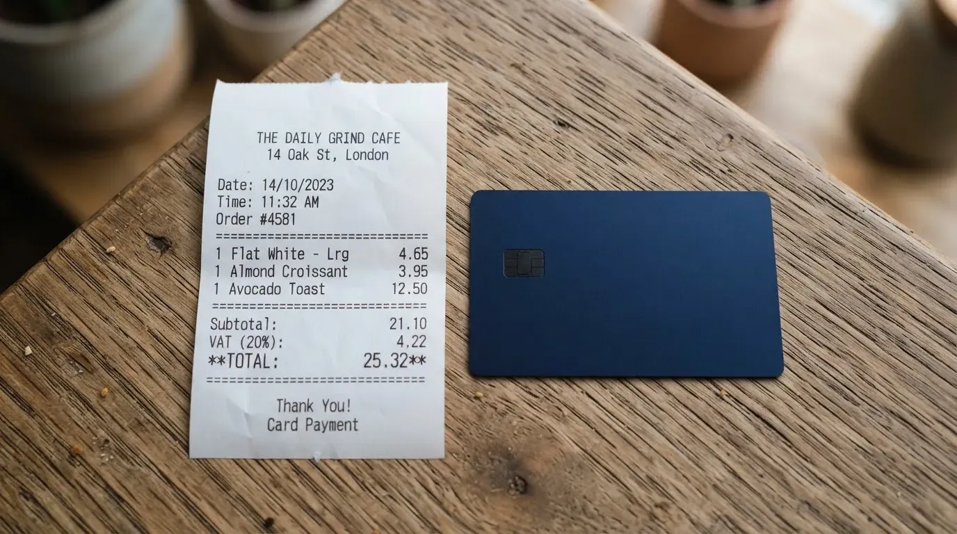 A receipt and a card on a café table