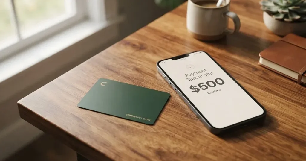 A payment card next to a phone with a crypto wallet app open