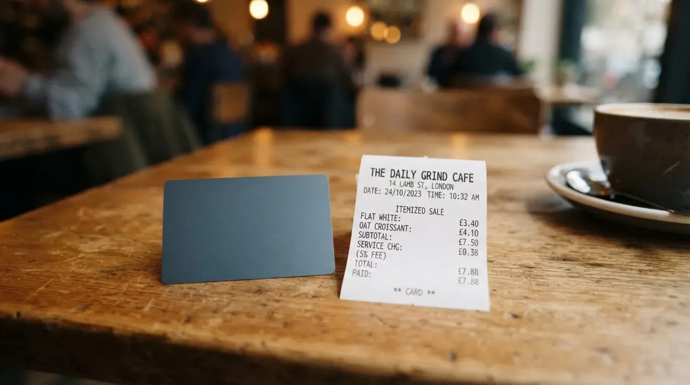 A receipt and a card on a café table