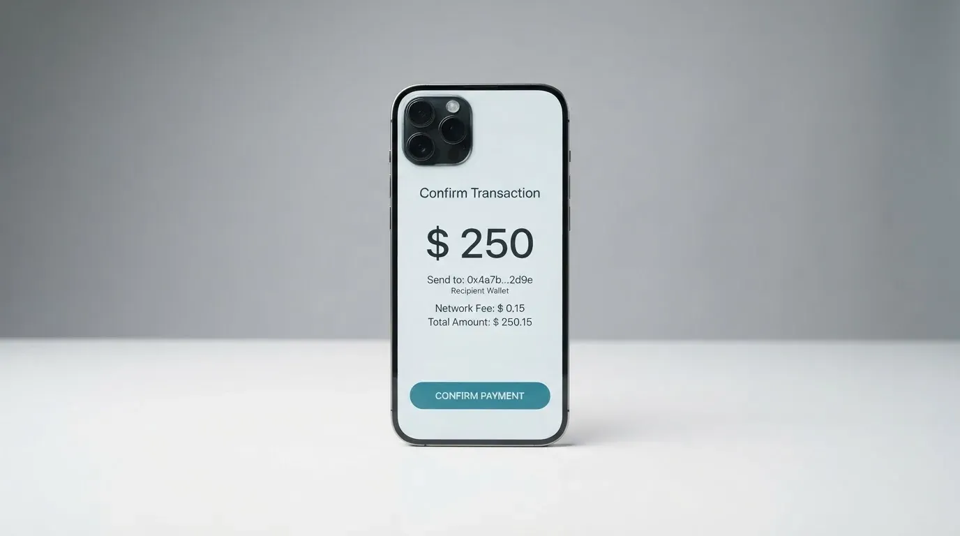 A phone showing a stablecoin transfer screen