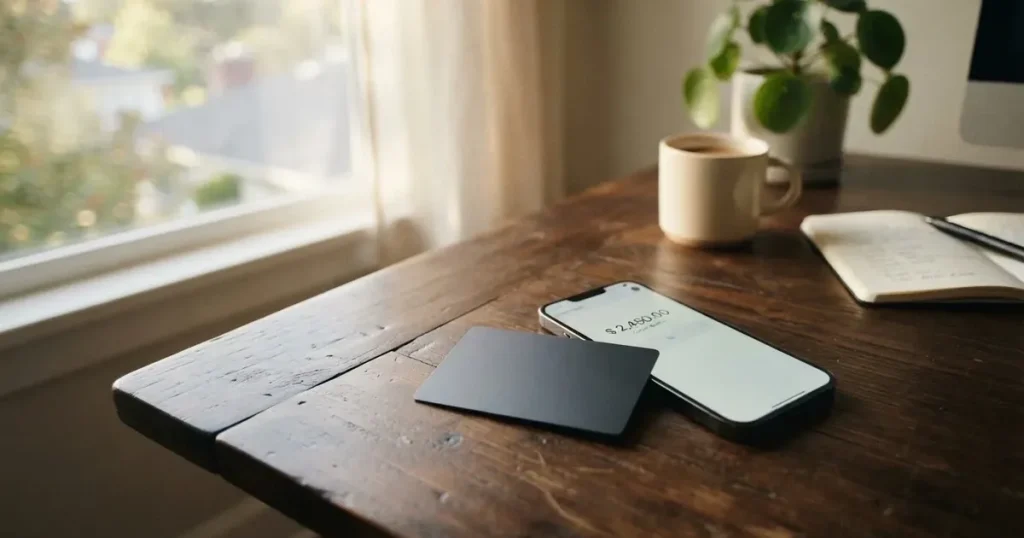 A payment card next to a phone with a crypto wallet app open