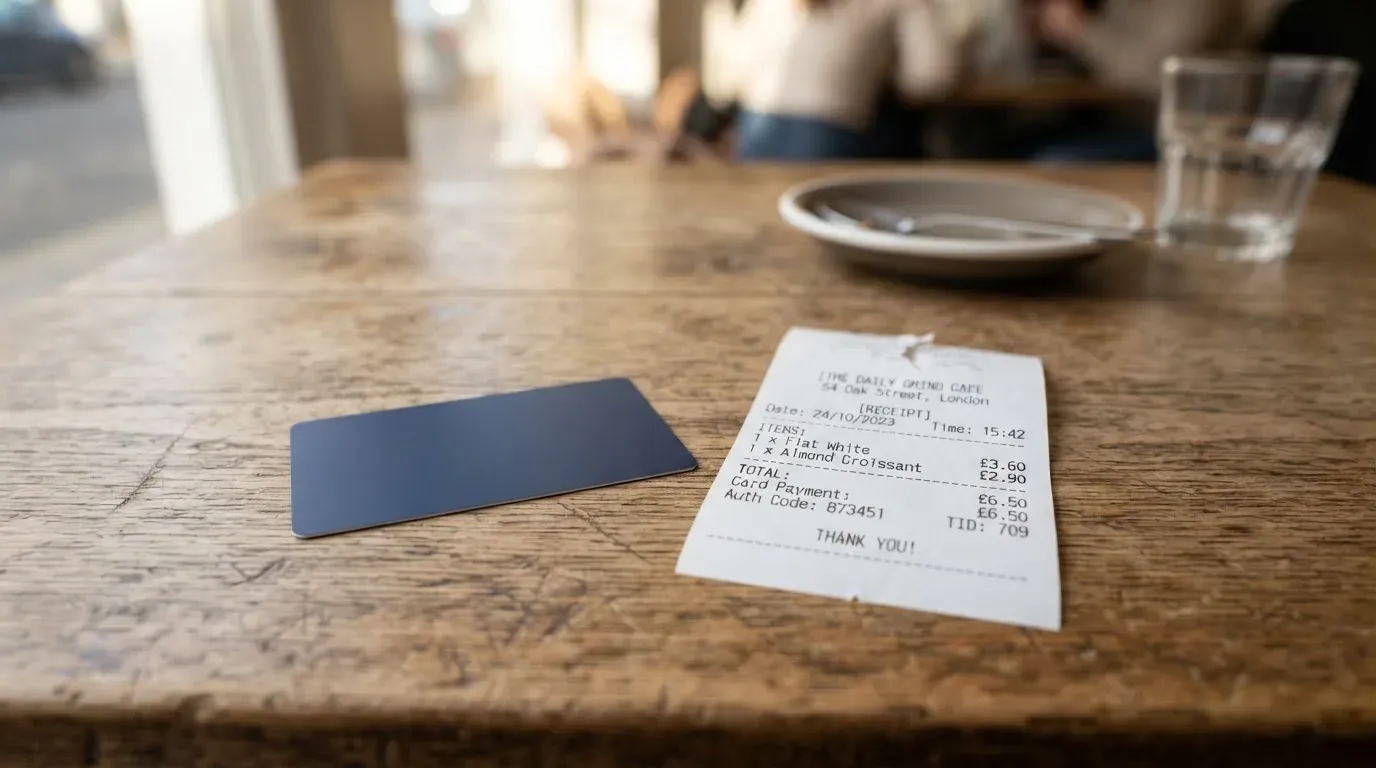 A receipt and a card on a café table