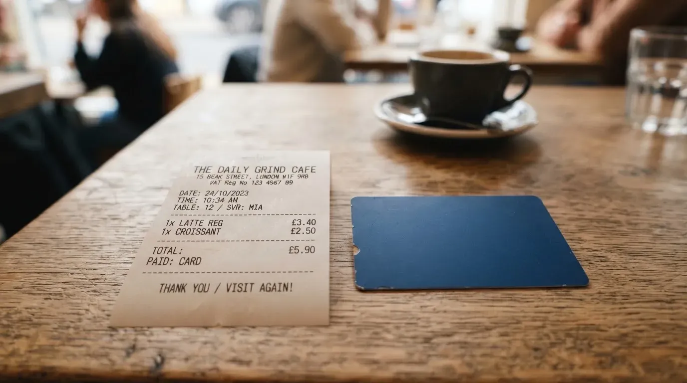 A receipt and a card on a café table