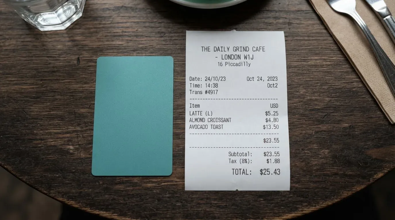 A receipt and a card on a café table