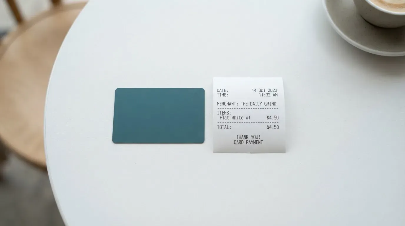 A receipt and a card on a café table