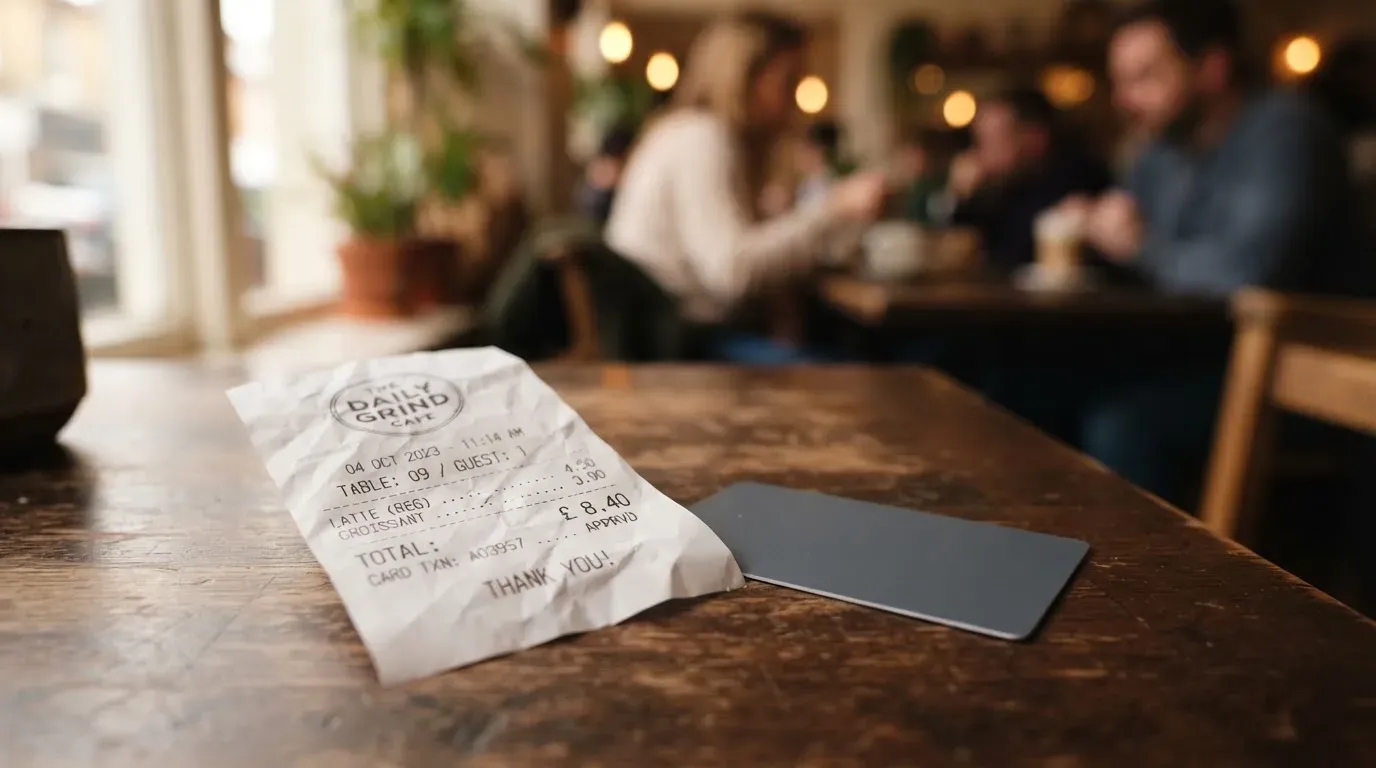 A receipt and a card on a café table
