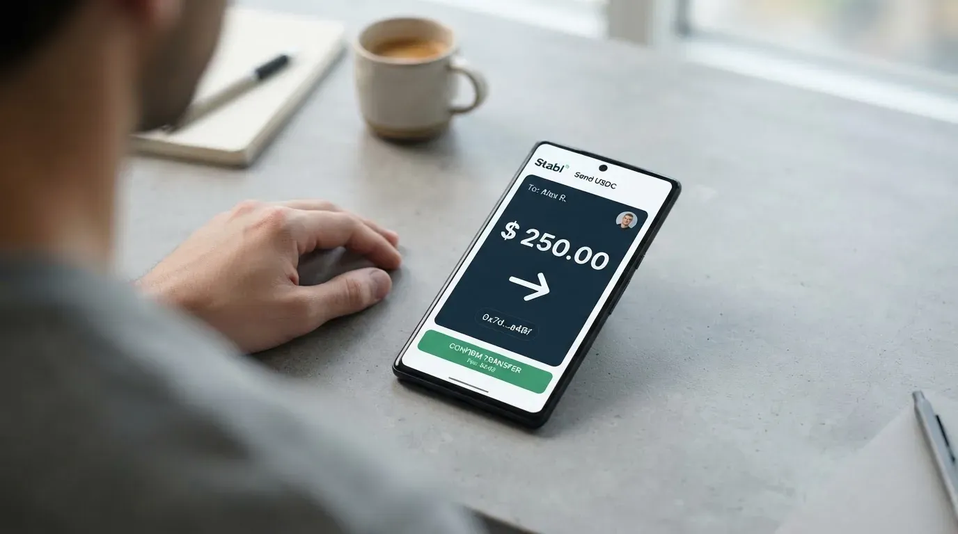 A phone showing a stablecoin transfer screen