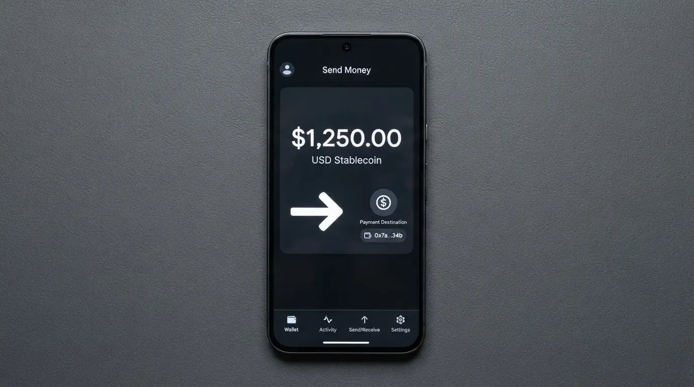 A phone showing a stablecoin transfer screen