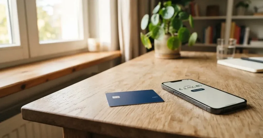 A payment card next to a phone with a crypto wallet app open