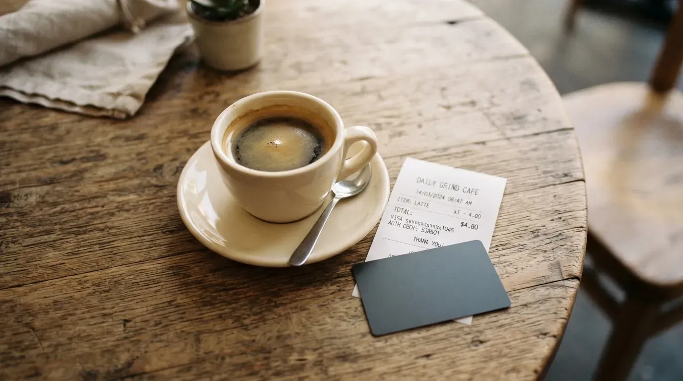 A receipt and a card on a café table