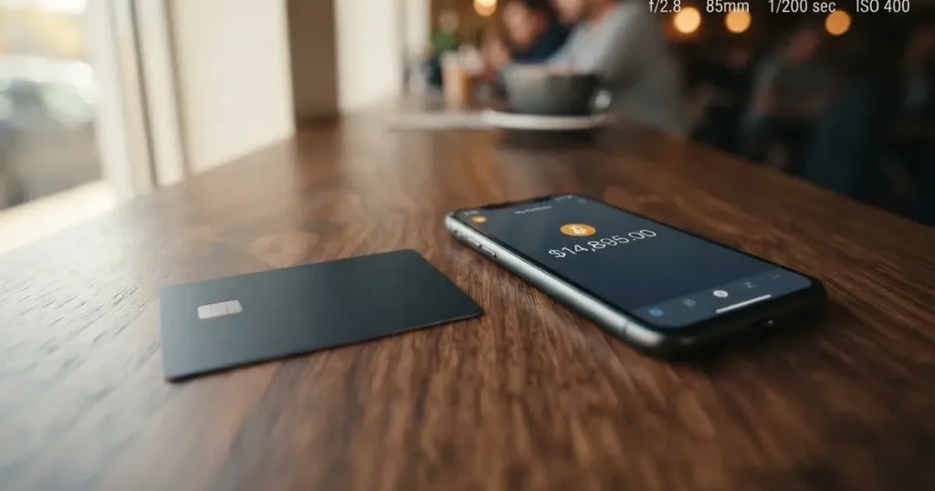 A payment card next to a phone with a crypto wallet app open