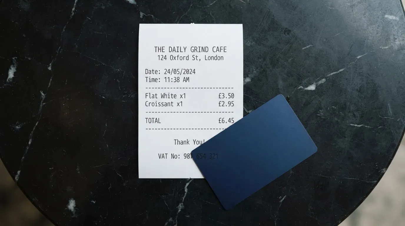 A receipt and a card on a café table