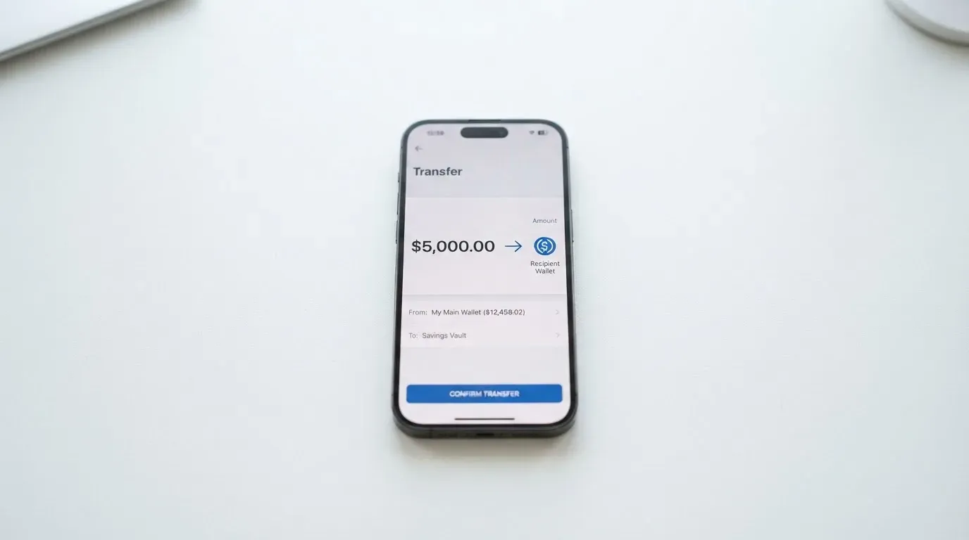 A phone showing a stablecoin transfer screen