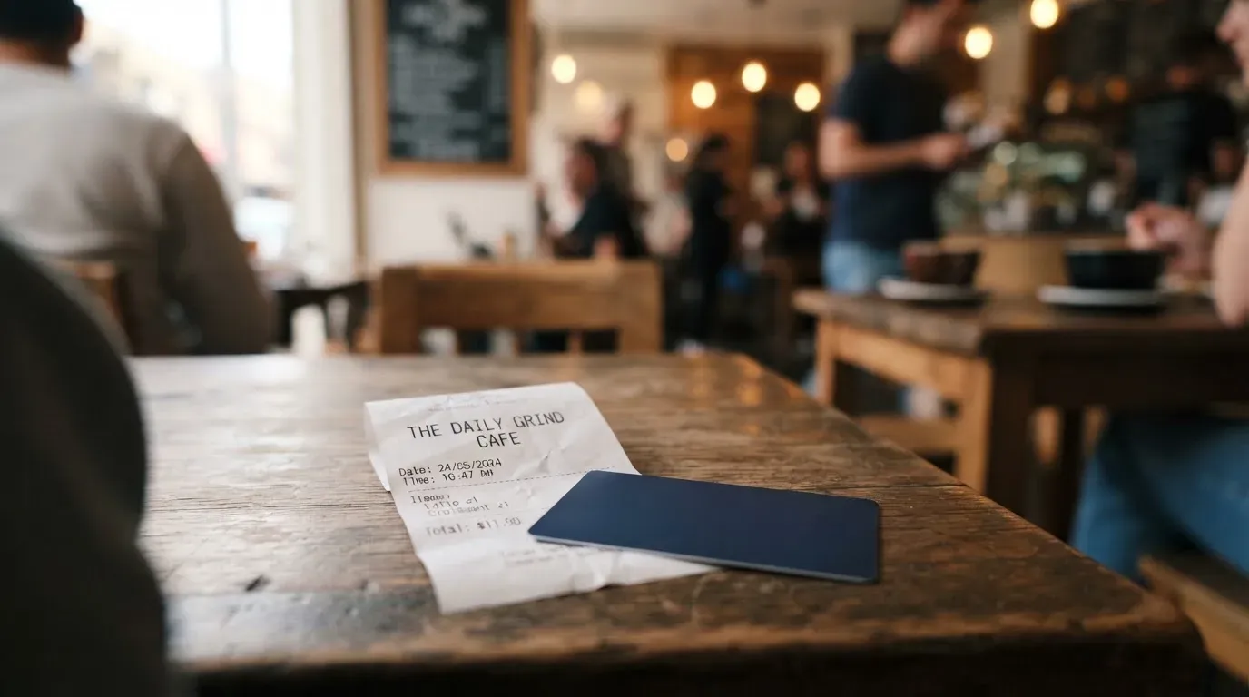 A receipt and a card on a café table