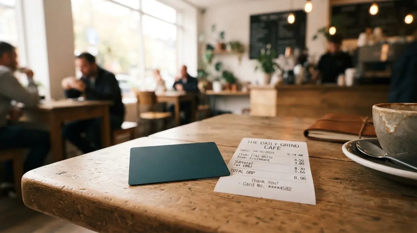 A receipt and a card on a café table