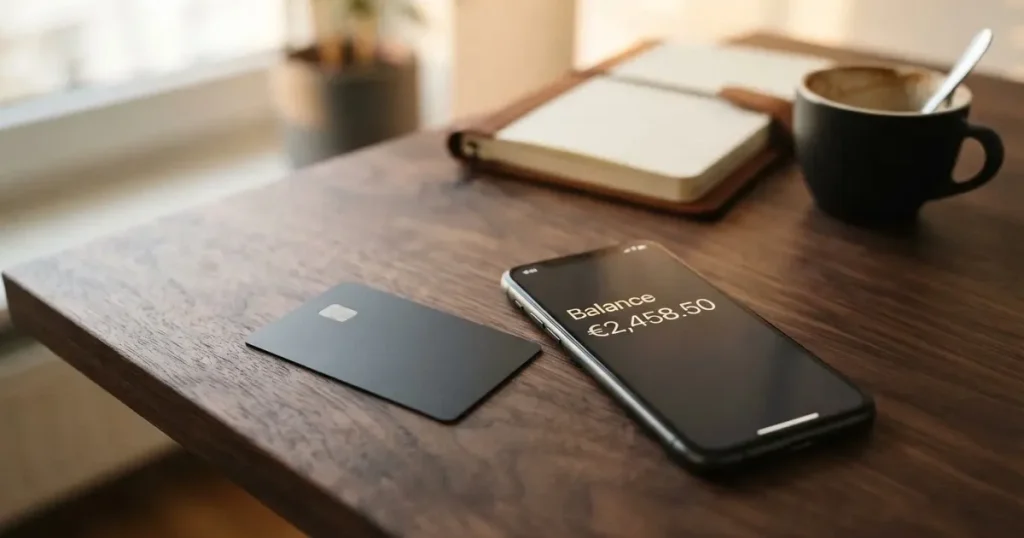 A payment card next to a phone with a crypto wallet app open