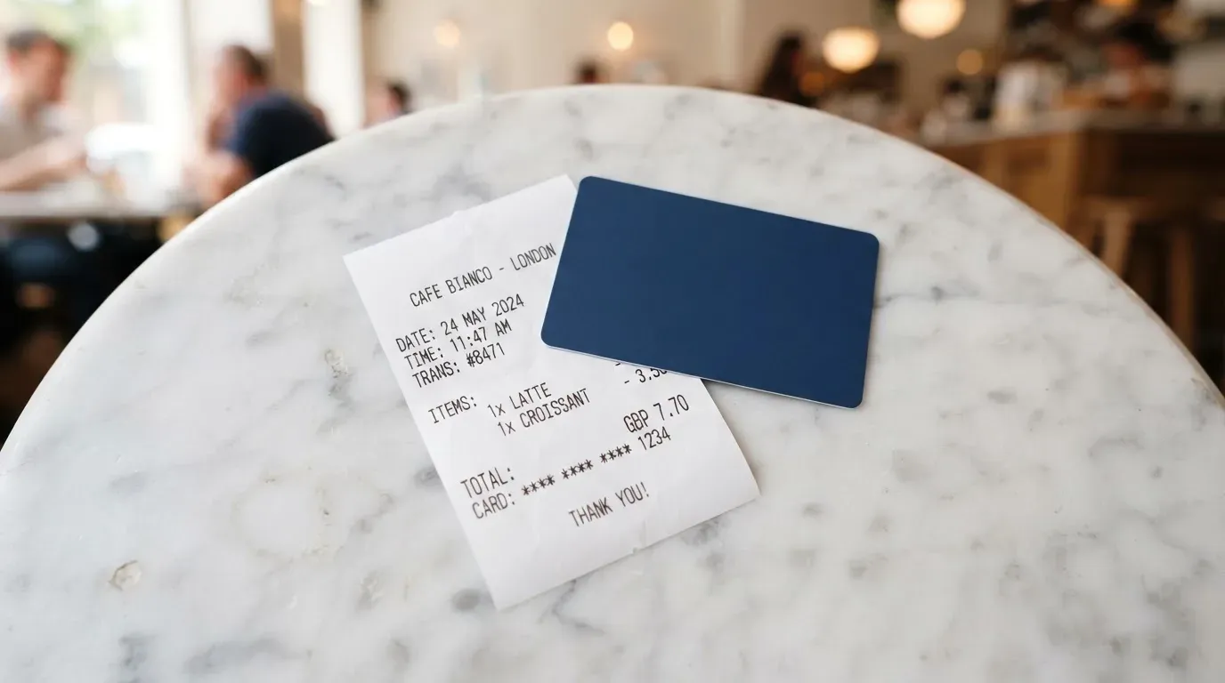 A receipt and a card on a café table