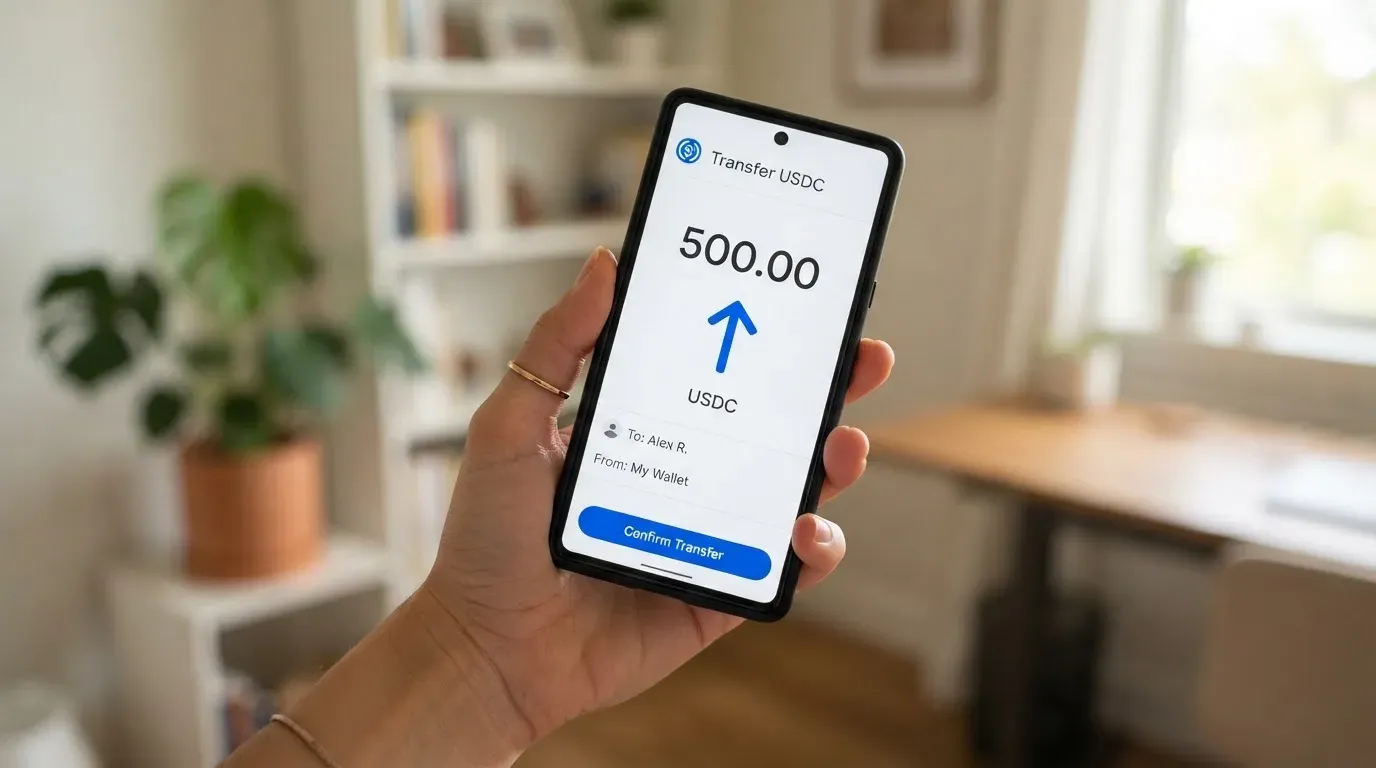 A phone showing a stablecoin transfer screen