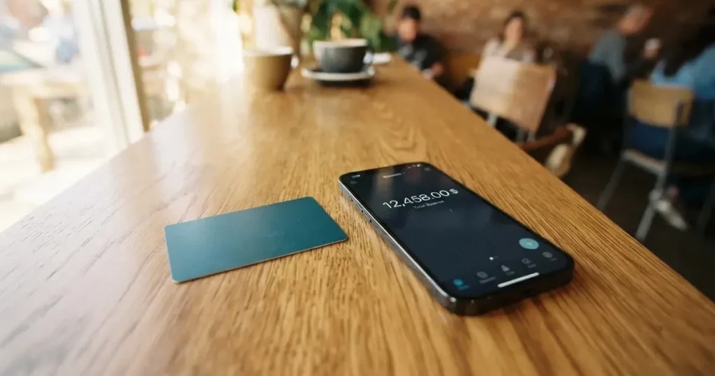 A payment card next to a phone with a crypto wallet app open