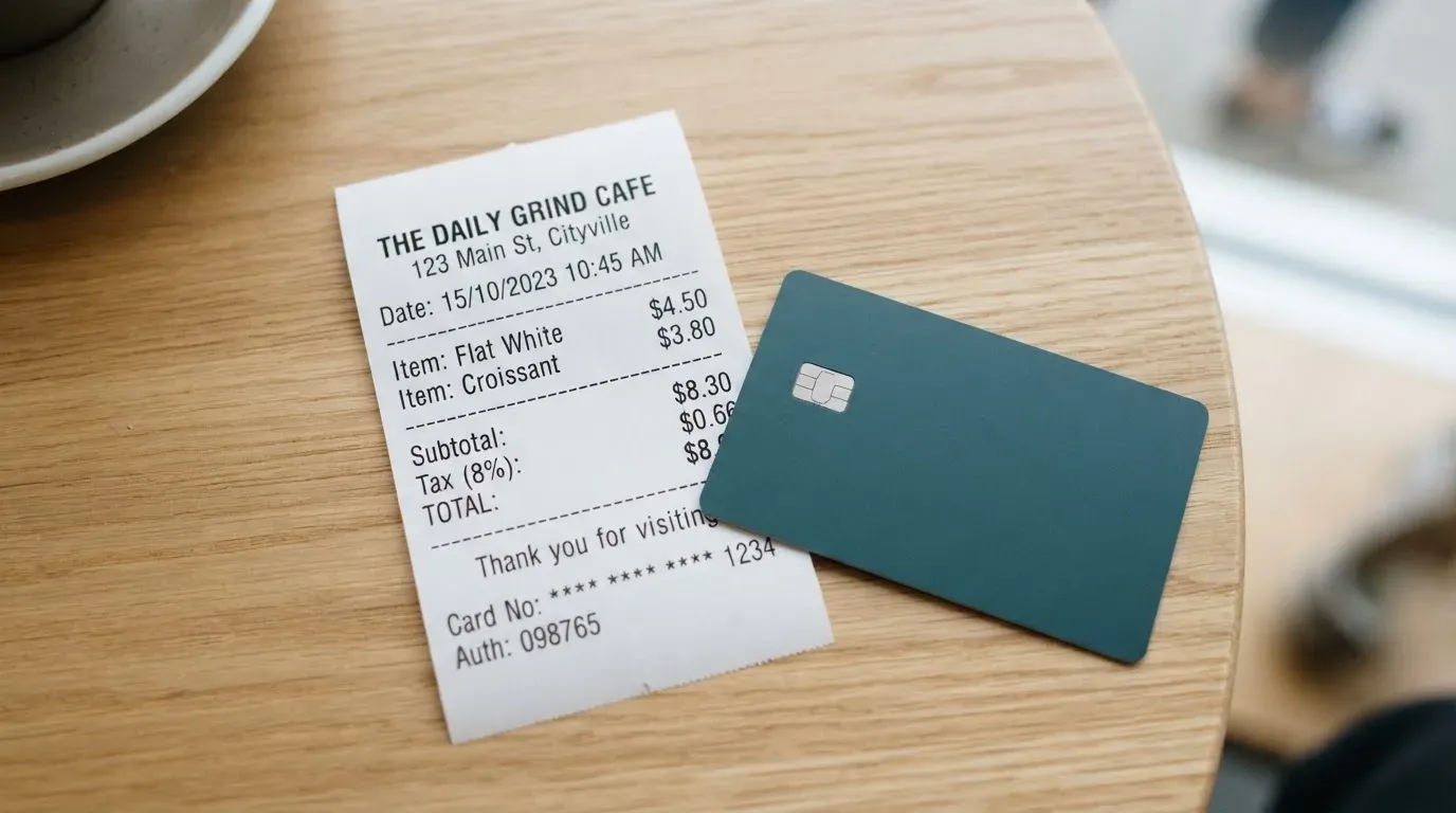 A receipt and a card on a café table